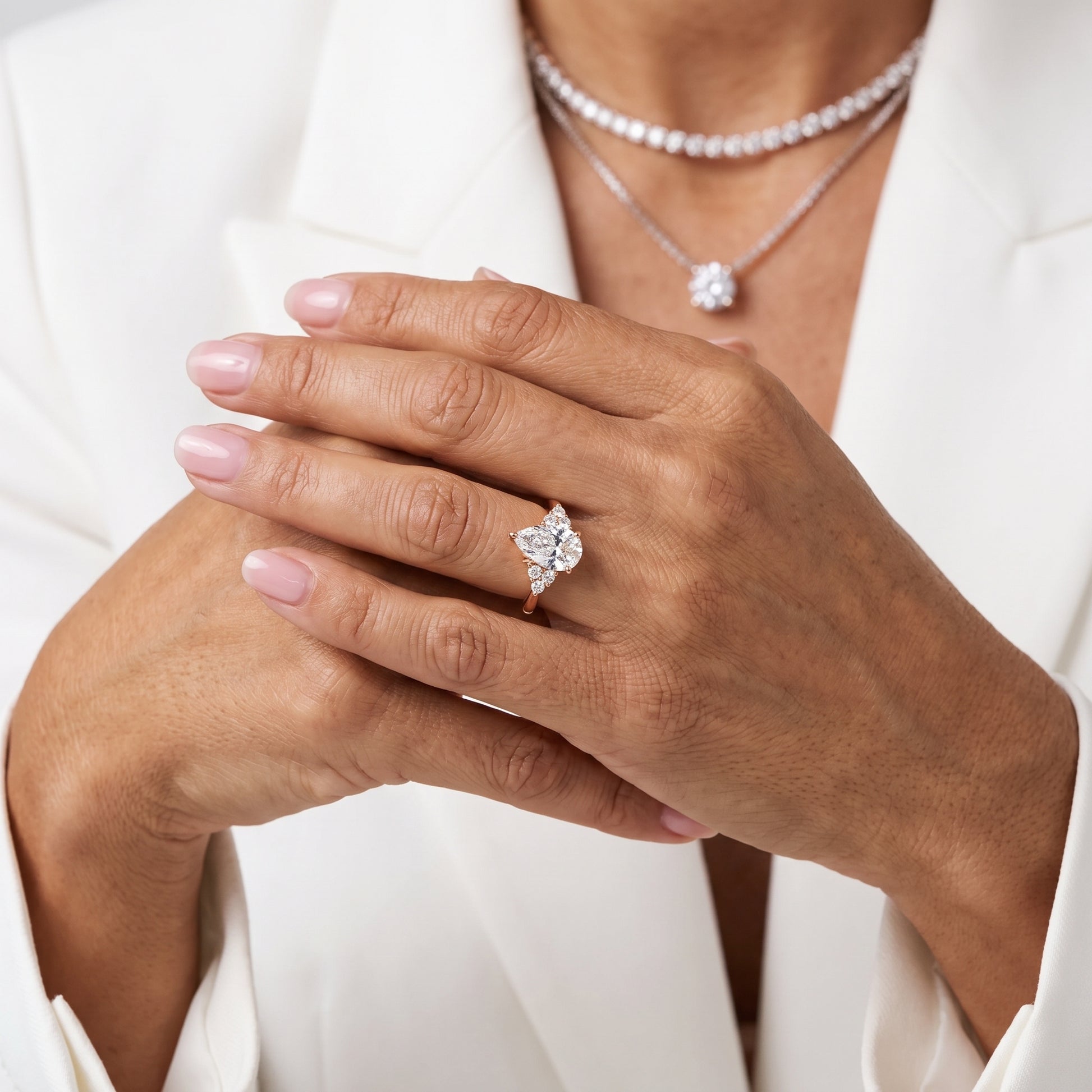 Anya Sidestone Cluster Pear Diamond Ring in Rose Gold - model.jpg