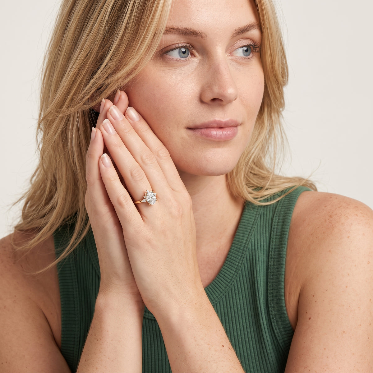 Fiorella Leaf Cluster Oval Diamond Engagement Ring in Platinum - model.jpg
