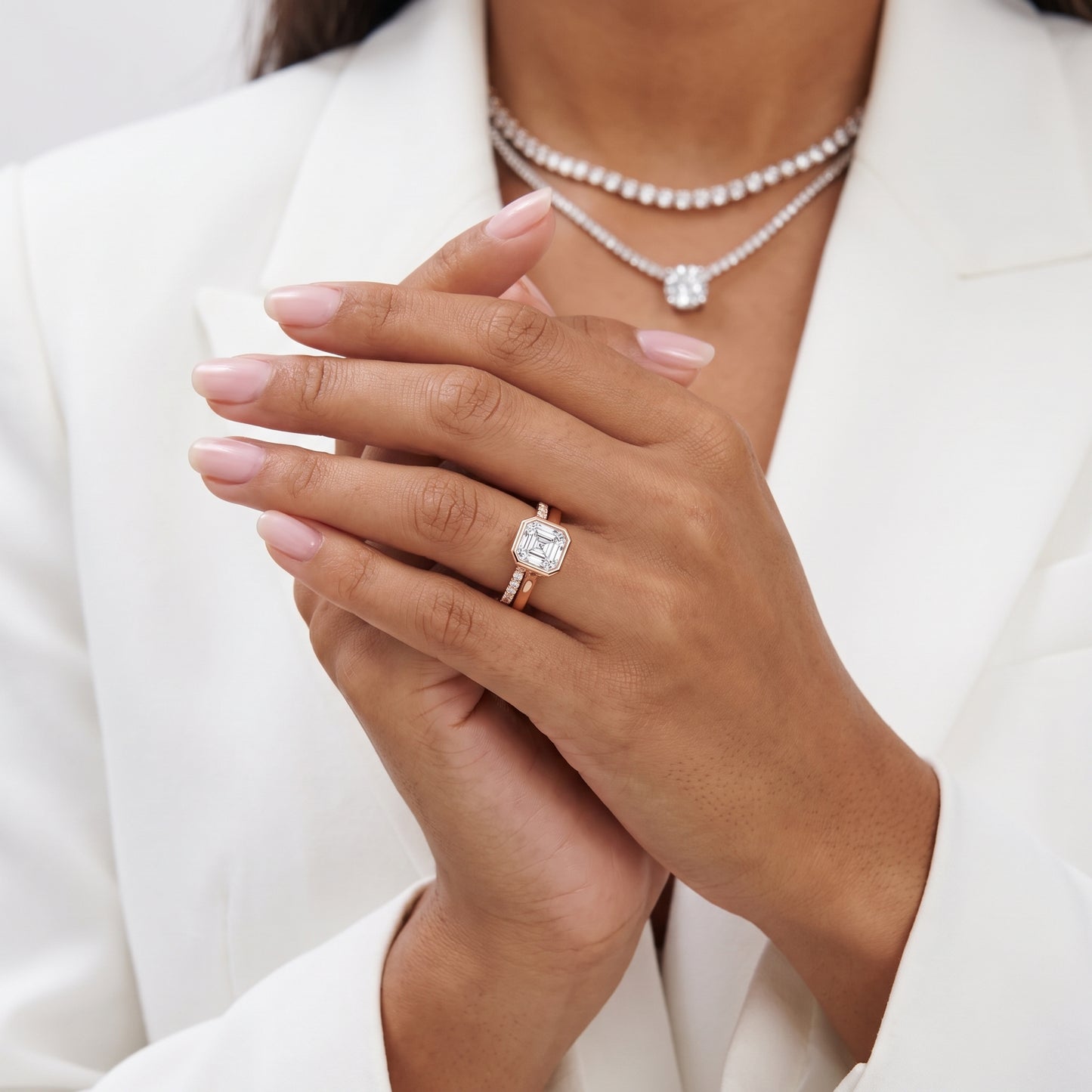 Ayla Bezel Bypass Asscher Diamond Ring in Rose Gold - model.jpg