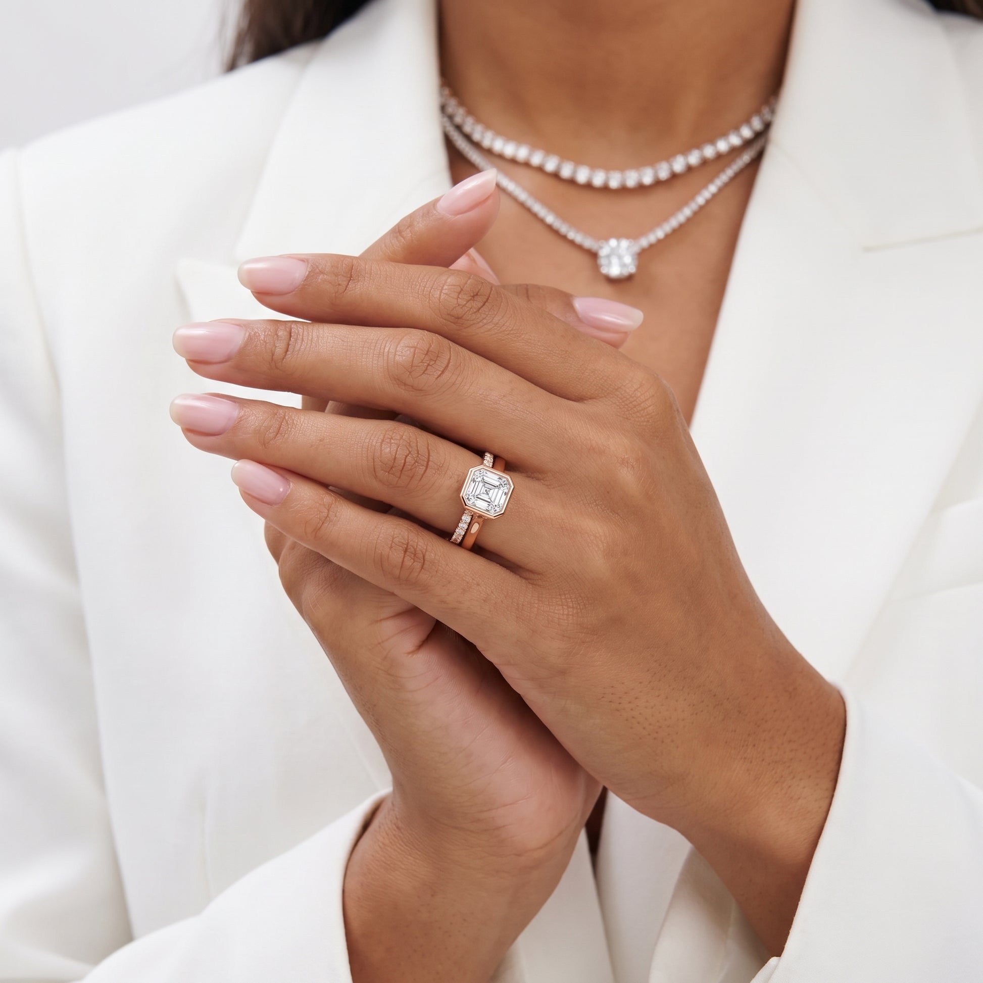 Ayla Bezel Bypass Asscher Diamond Ring in Rose Gold - model.jpg