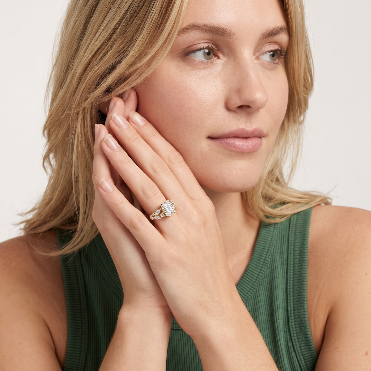 Kelsey Leaf Cluster Emerald Diamond Engagement Ring in White Gold - model.jpg