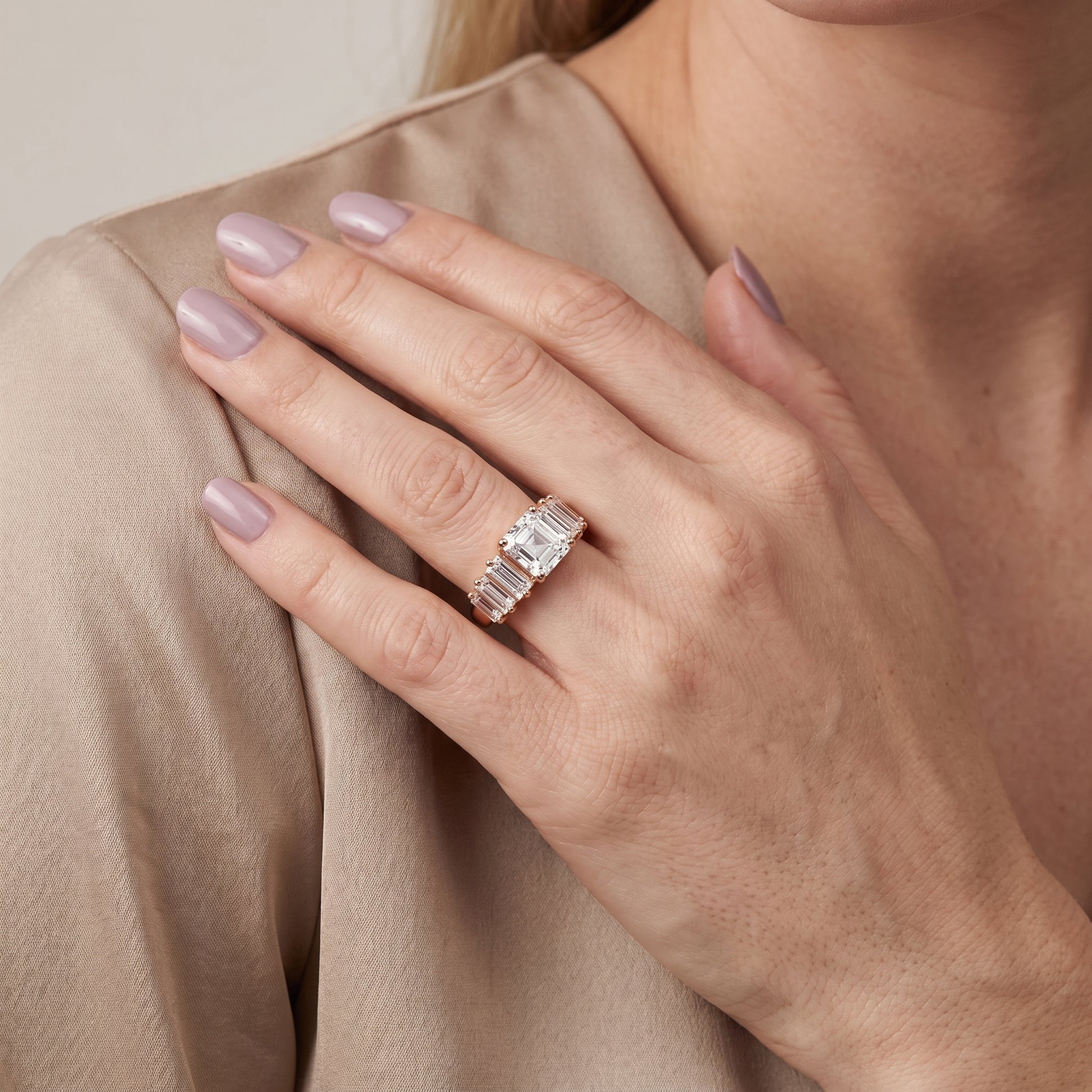 Mara Sidestone Baguette Accent Asscher Diamond Engagement Ring in Rose Gold - model.jpg