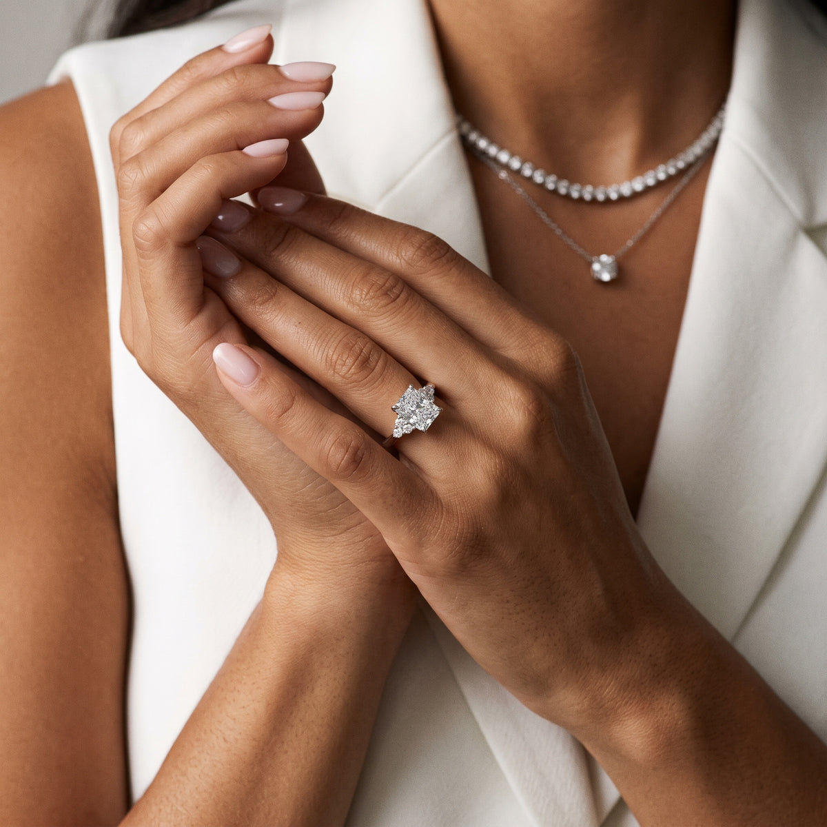 Anya Sidestone Cluster Radiant Diamond Engagement Ring in Platinum - model.jpg