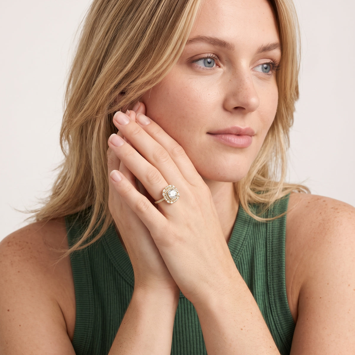 Lyndon Floral Double Halo Cushion Diamond Engagement Ring in Yellow Gold - model.jpg