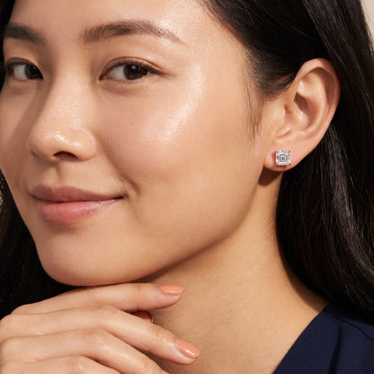 Four Prong Asscher Diamond Stud Earrings in Rose Gold - on model