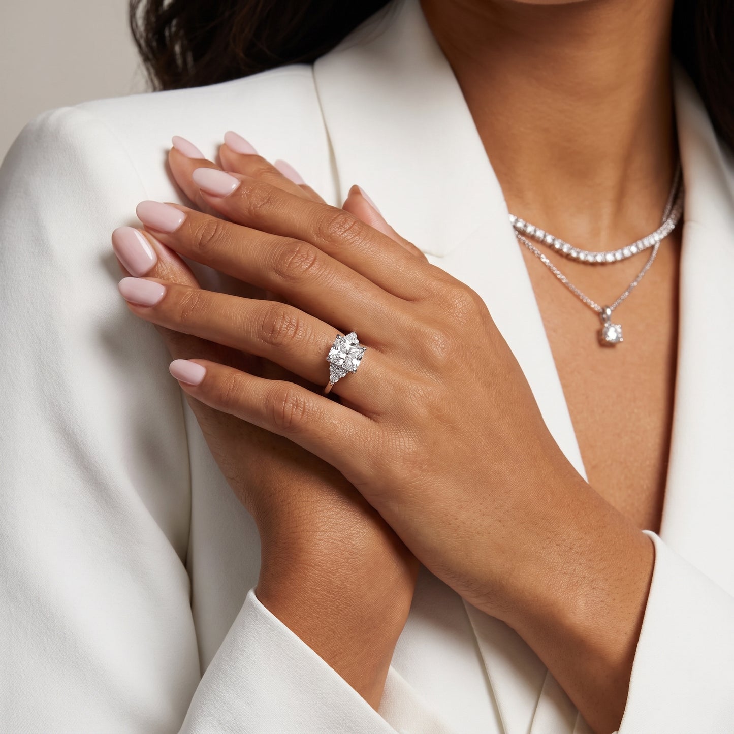 Anya Sidestone Cluster Radiant Diamond Ring in White Gold - model.jpg