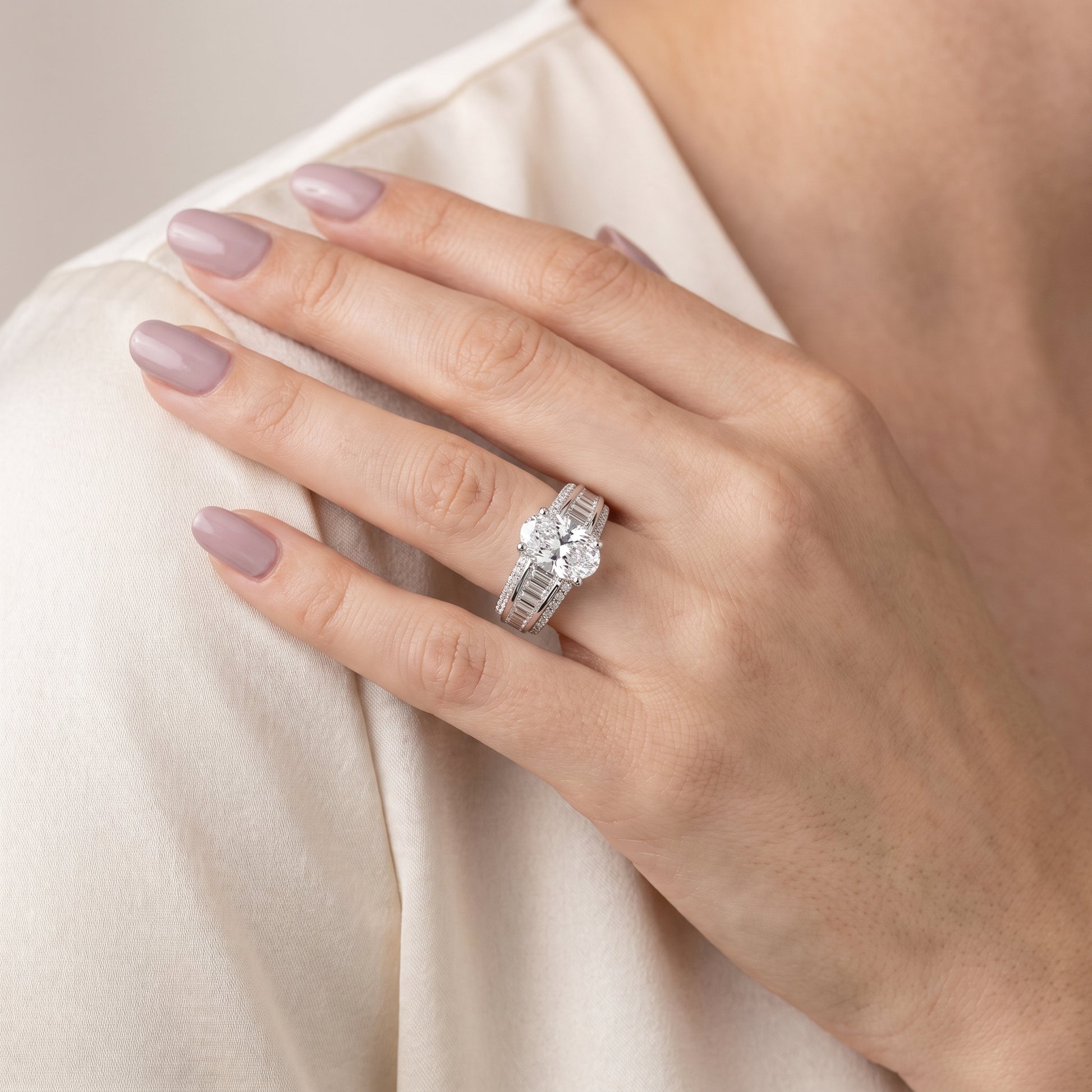 Halle Channel Set Baguette Accent Oval Diamond Engagement Ring in Silver - model.jpg