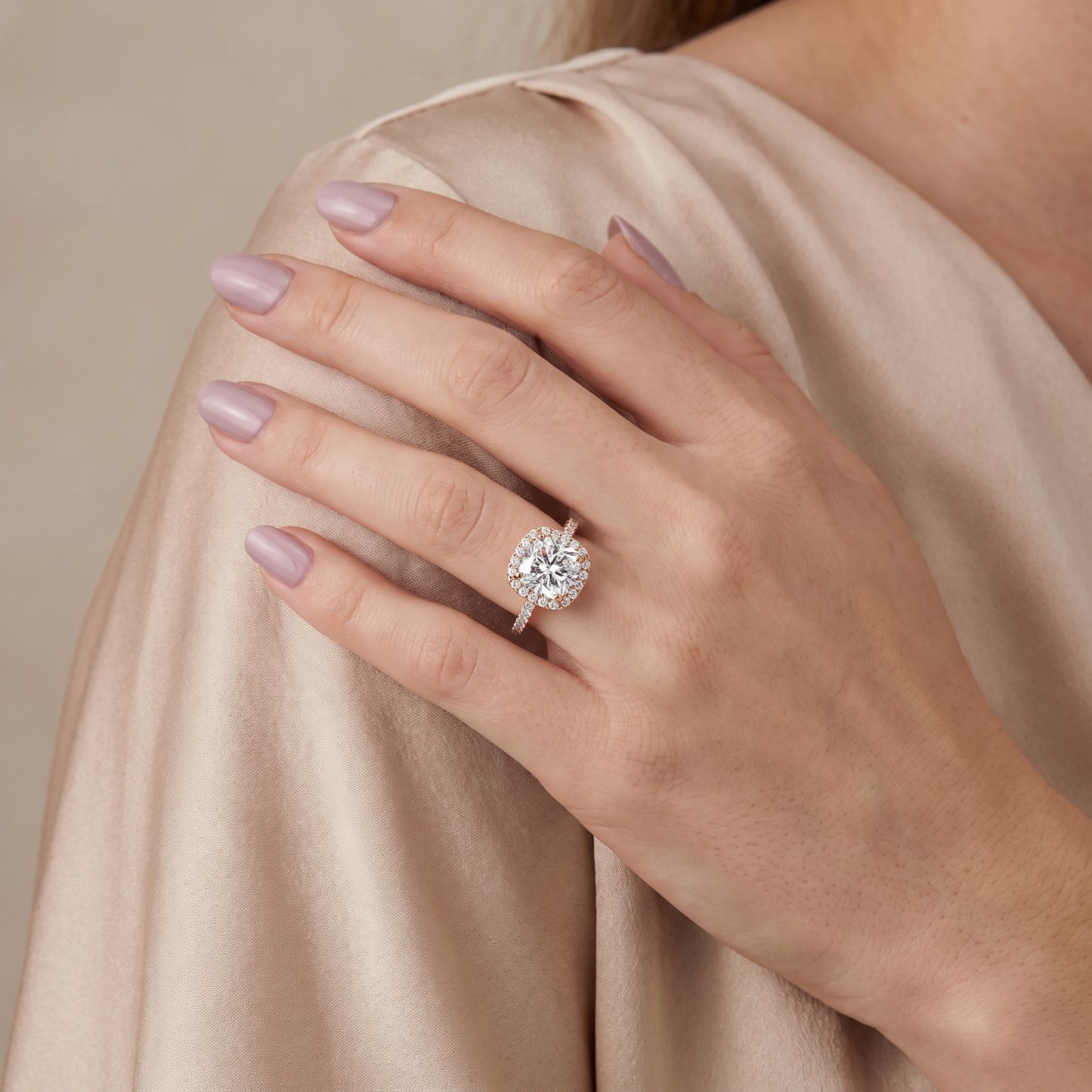 Alma Halo Pavé Cushion Diamond Ring in Rose Gold - model.jpg