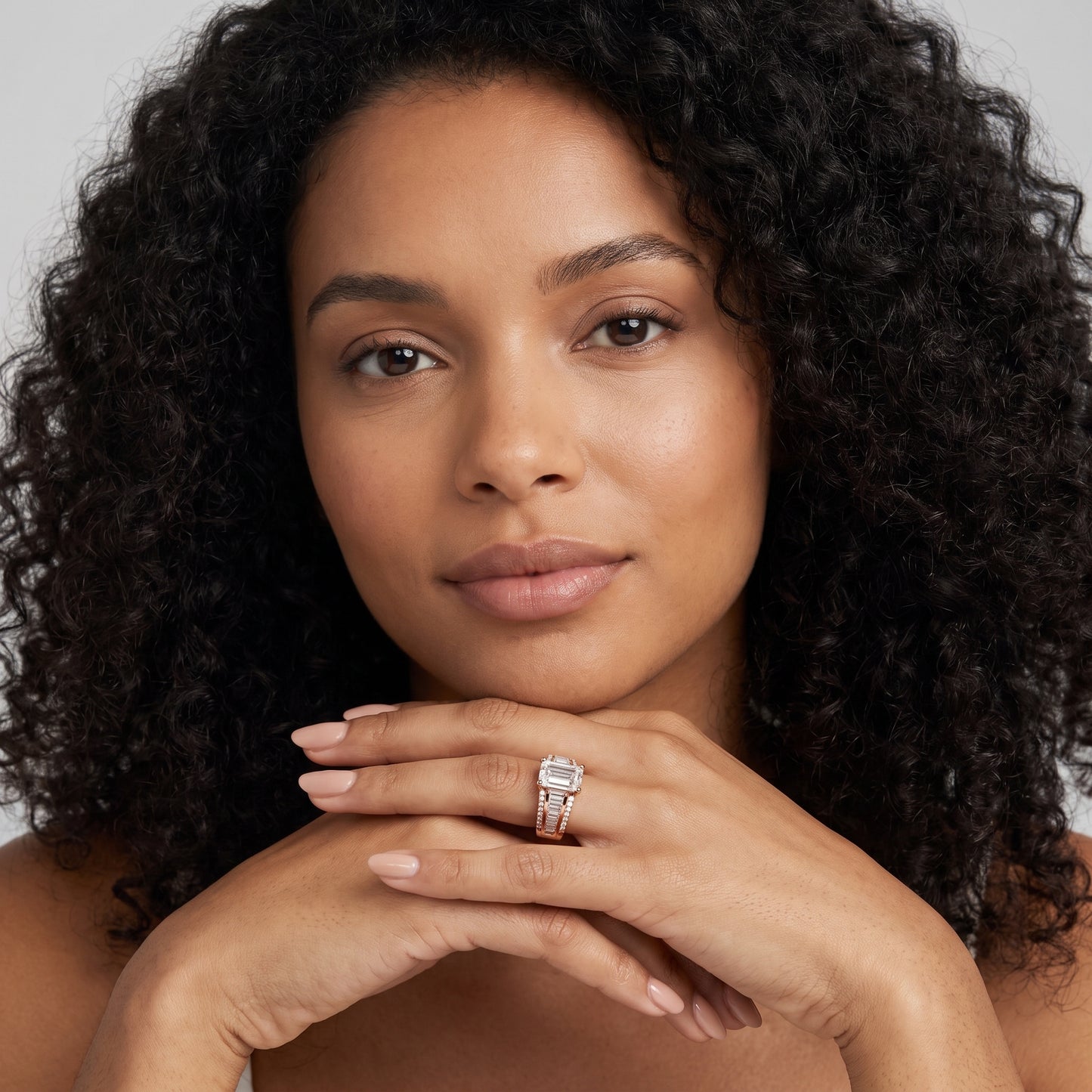 Halle Channel Set Baguette Accent Emerald Diamond Engagement Ring in Rose Gold - model.jpg