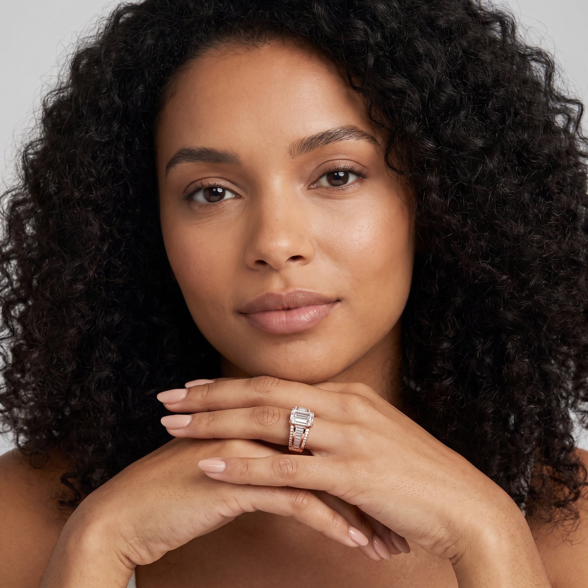 Halle Channel Set Baguette Accent Emerald Diamond Engagement Ring in Rose Gold - model.jpg