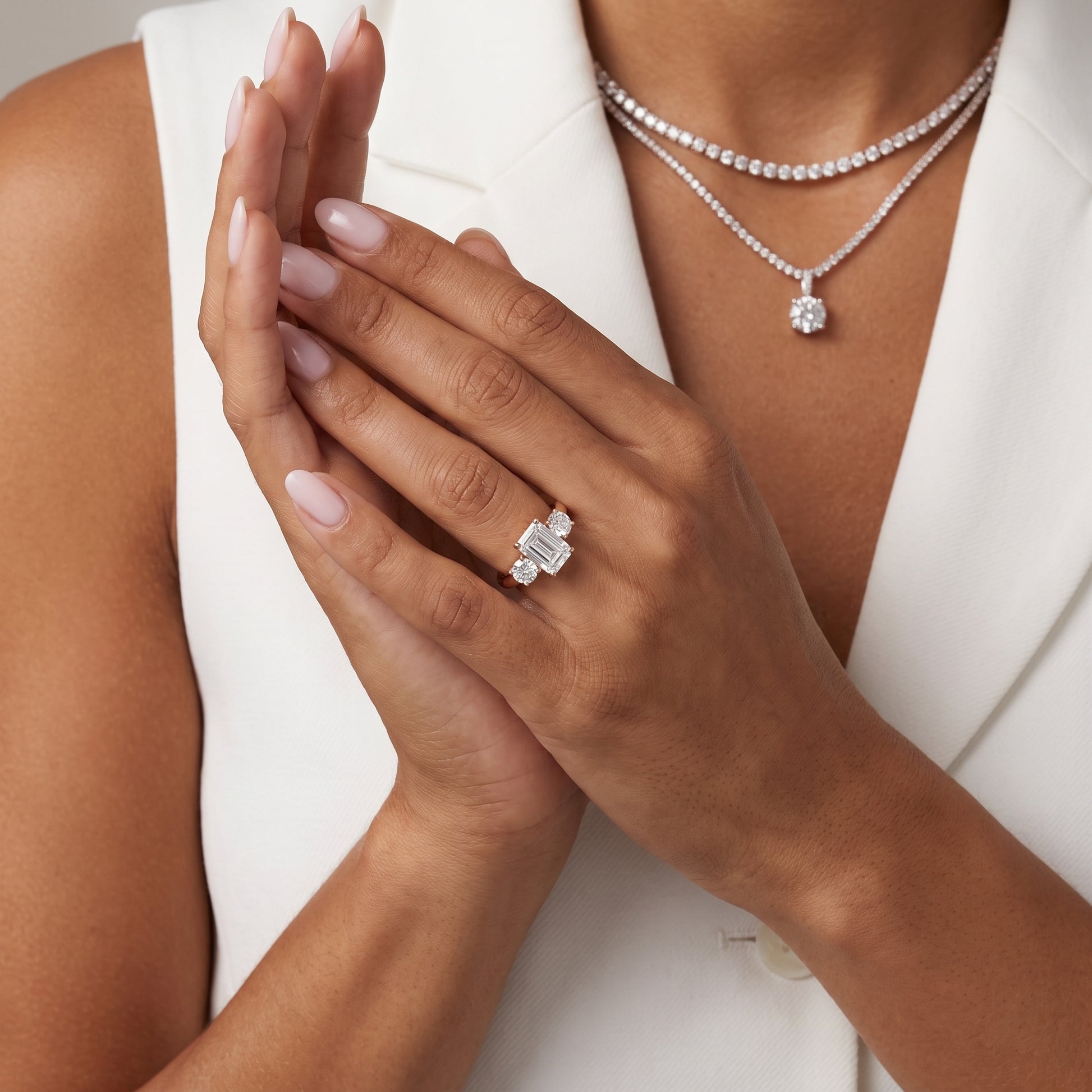 Callie Three-Stone Trellis Emerald Diamond Ring in Rose Gold - model.jpg