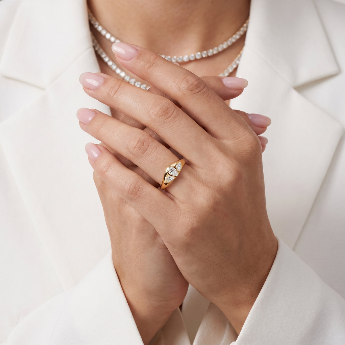 Beatrice Curved Contour Pear Diamond Wedding Band in Yellow Gold - model.jpg