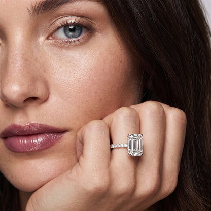 Gia Hidden Halo Pavé Emerald Diamond Ring in Silver - model.jpg