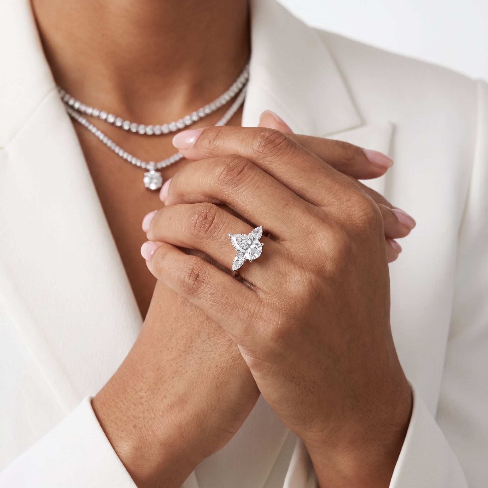 Faye Three-Stone Trellis Pear Diamond Ring in White Gold - model.jpg