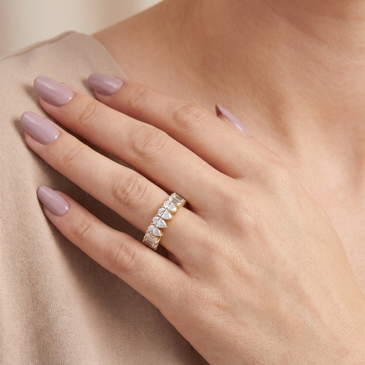 Harriet Shared Prong Pear & Baguette Diamond Eternity Band in Yellow Gold - model.jpg