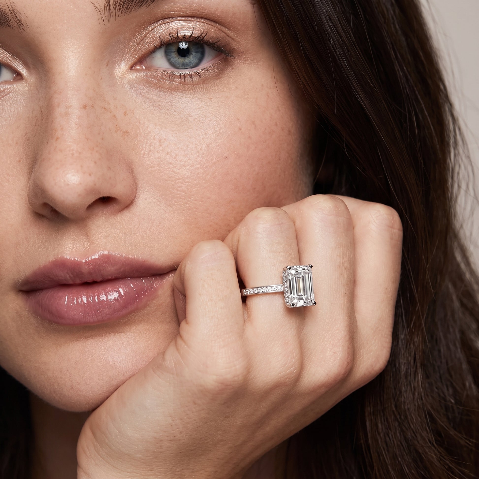 Naia Hidden Halo Emerald Diamond Ring in Silver - model.jpg