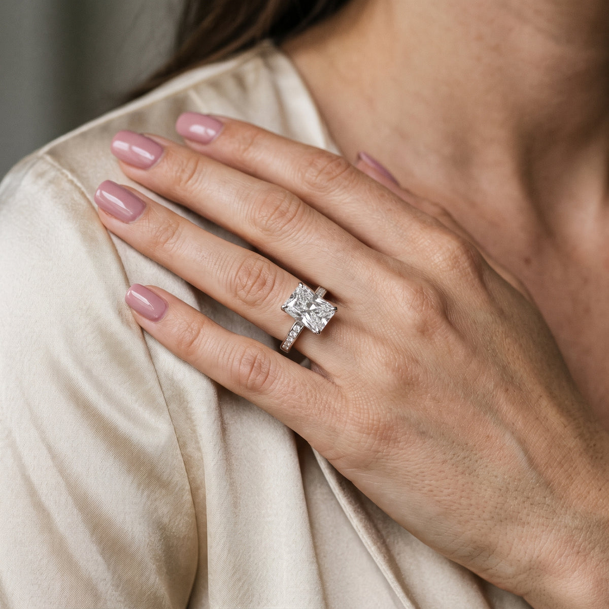 Maren Sidestone Channel Set Radiant Diamond Engagement Ring in Silver - model.jpg
