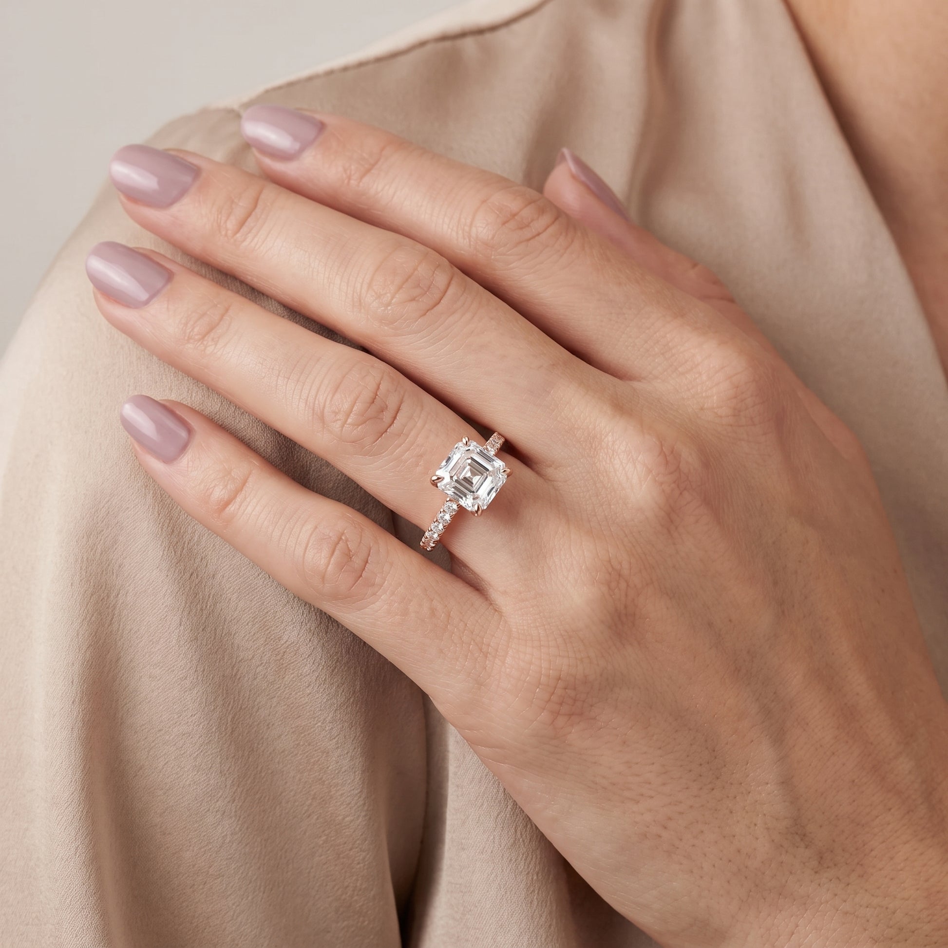 Ione Solitaire Pavé Asscher Diamond Engagement Ring in Rose Gold - model.jpg