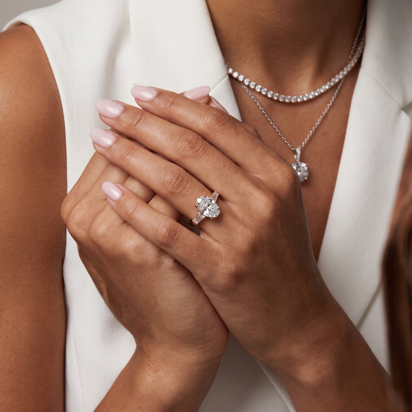 Zelda Tapered Baguette Oval Diamond Engagement Ring in Rose Gold - model.jpg