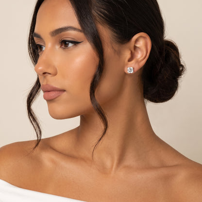Four Prong Asscher Diamond Stud Earrings in Yellow Gold - on model