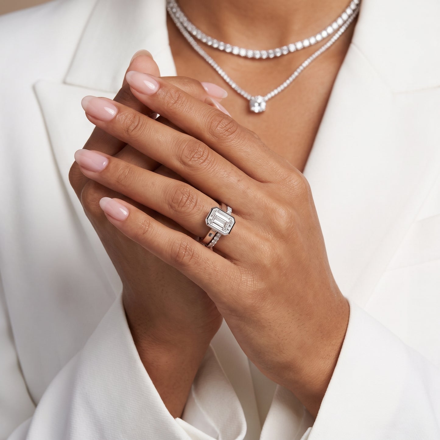 Ayla Bezel Bypass Emerald Diamond Ring in Silver - model.jpg