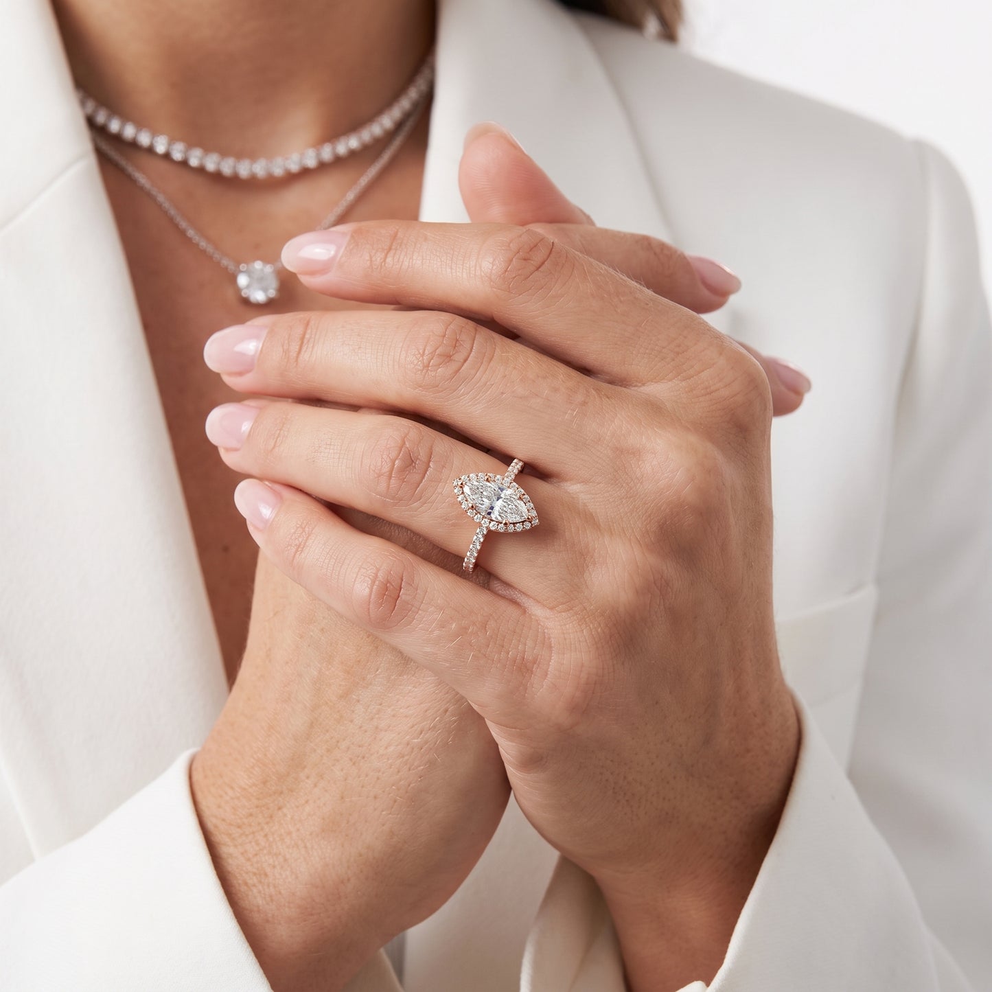 Sophie Halo Pavé Marquise Diamond Ring in Rose Gold - model.jpg