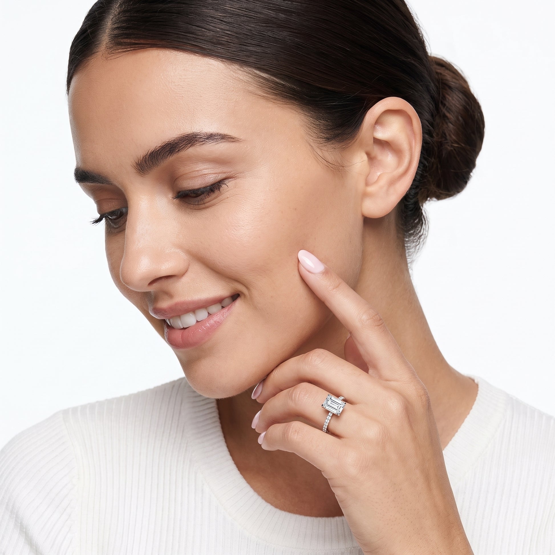 Aisha Pavé Solitaire Emerald Diamond Engagement Ring in White Gold - model.jpg
