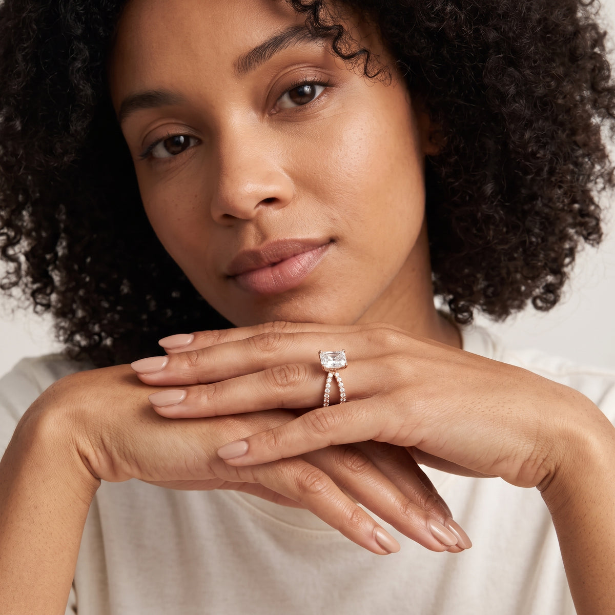 Ilaria Criss Cross Pavé Radiant Diamond Engagement Ring in Rose Gold - model.jpg