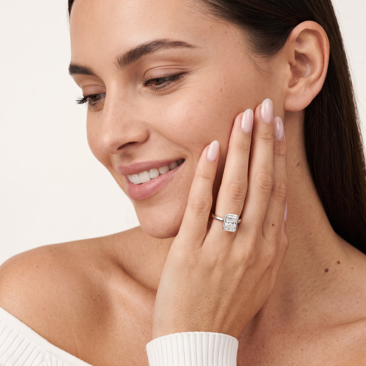 Jolie Bezel Solitaire Radiant Diamond Engagement Ring in White Gold - model.jpg