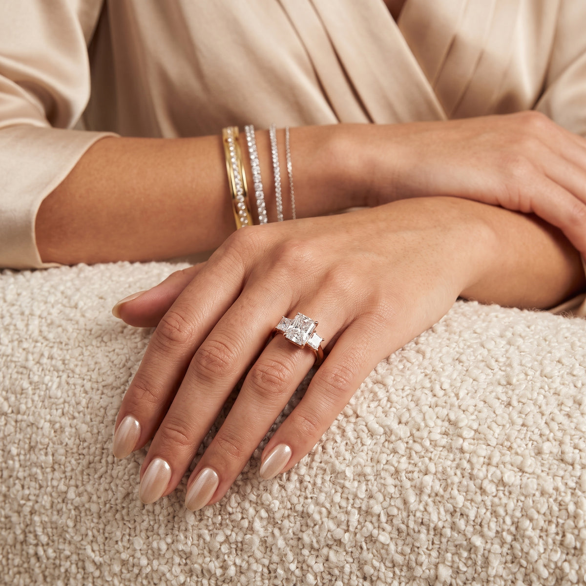 Aria Three-Stone Basket Radiant Diamond Engagement Ring in Rose Gold - model.jpg
