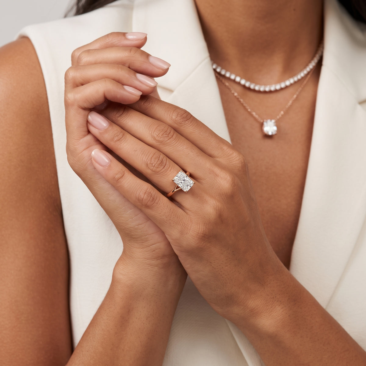 Evangeline Trellis Solitaire Radiant Diamond Engagement Ring in Rose Gold - model.jpg