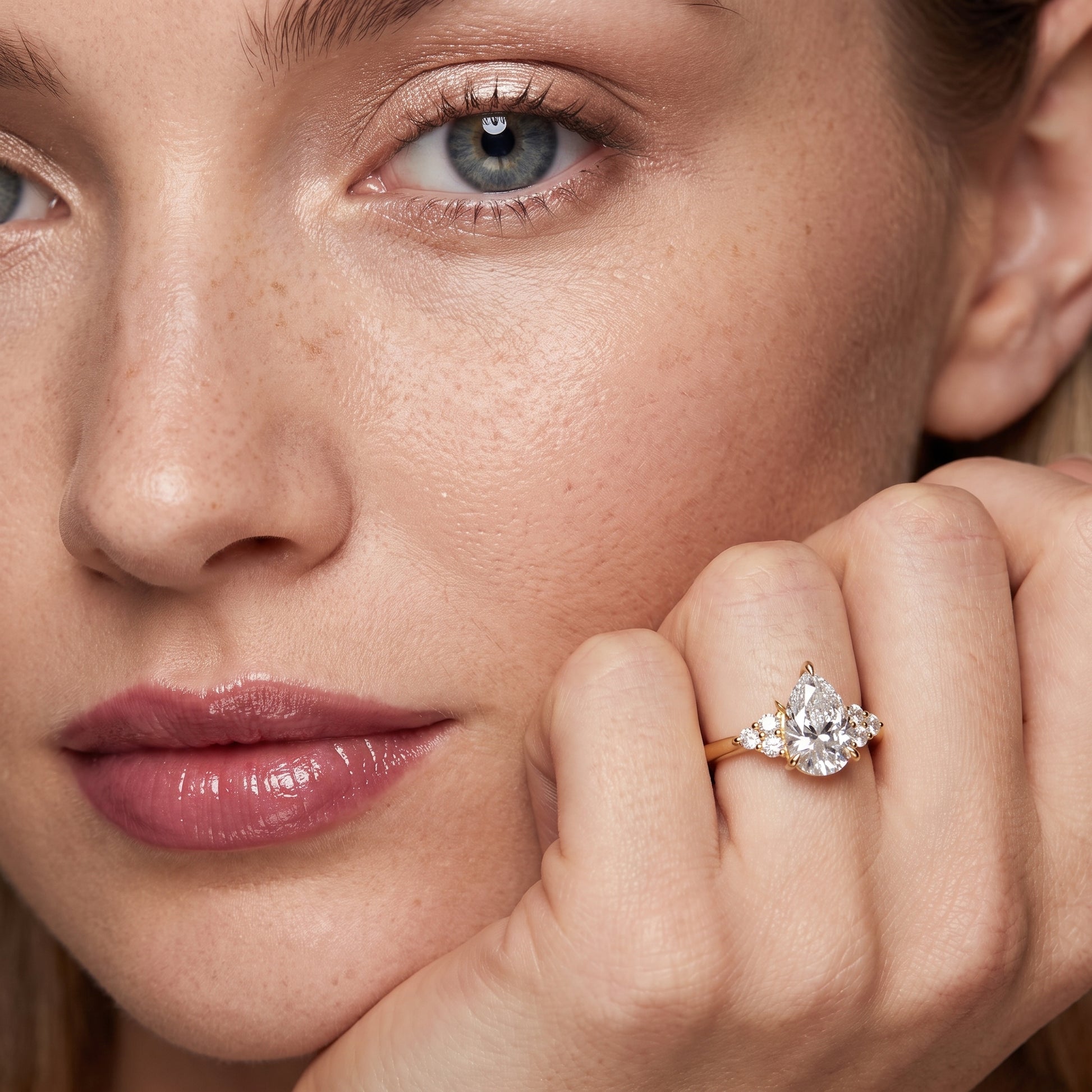 Anya Sidestone Cluster Pear Diamond Ring in Yellow Gold - model.jpg