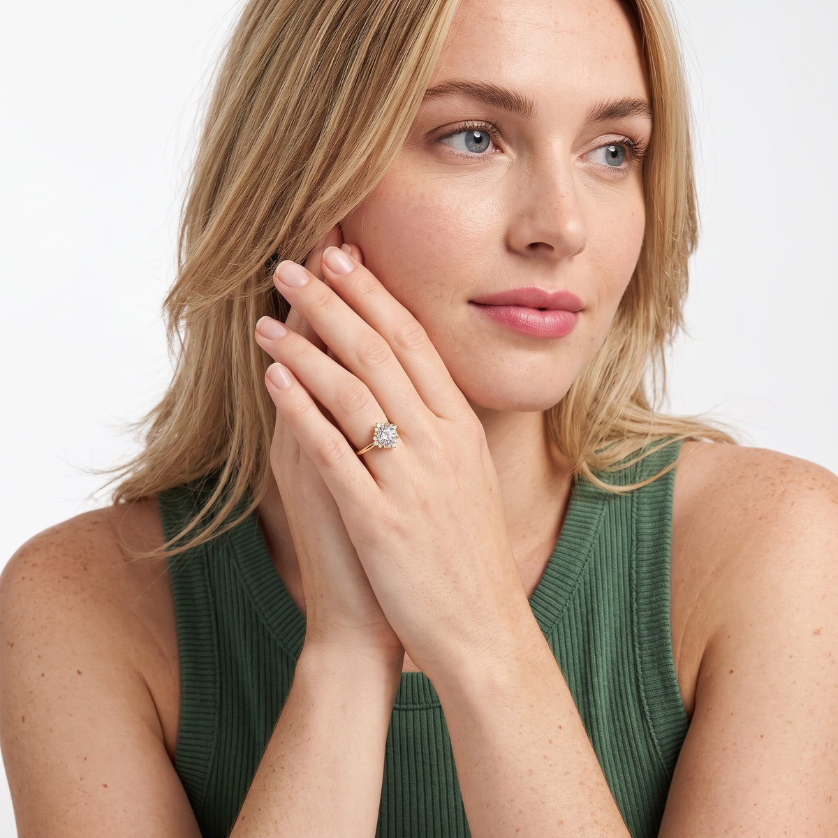 Linden Starburst Cluster Round Diamond Engagement Ring in Rose Gold - model.jpg