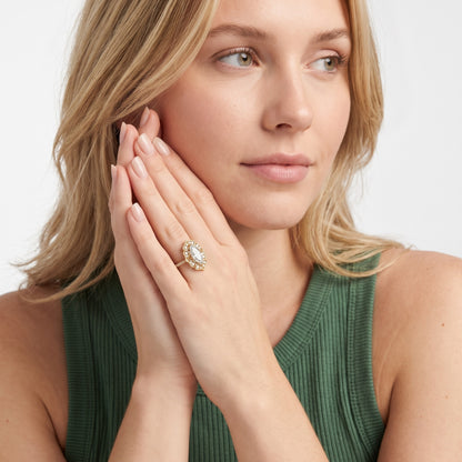Caitlin Floral Halo Marquise Diamond Engagement Ring in Rose Gold - model.jpg