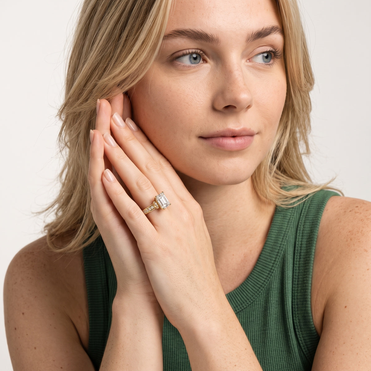 Anabelle Statement Pavé Emerald Diamond Engagement Ring in Silver - model.jpg