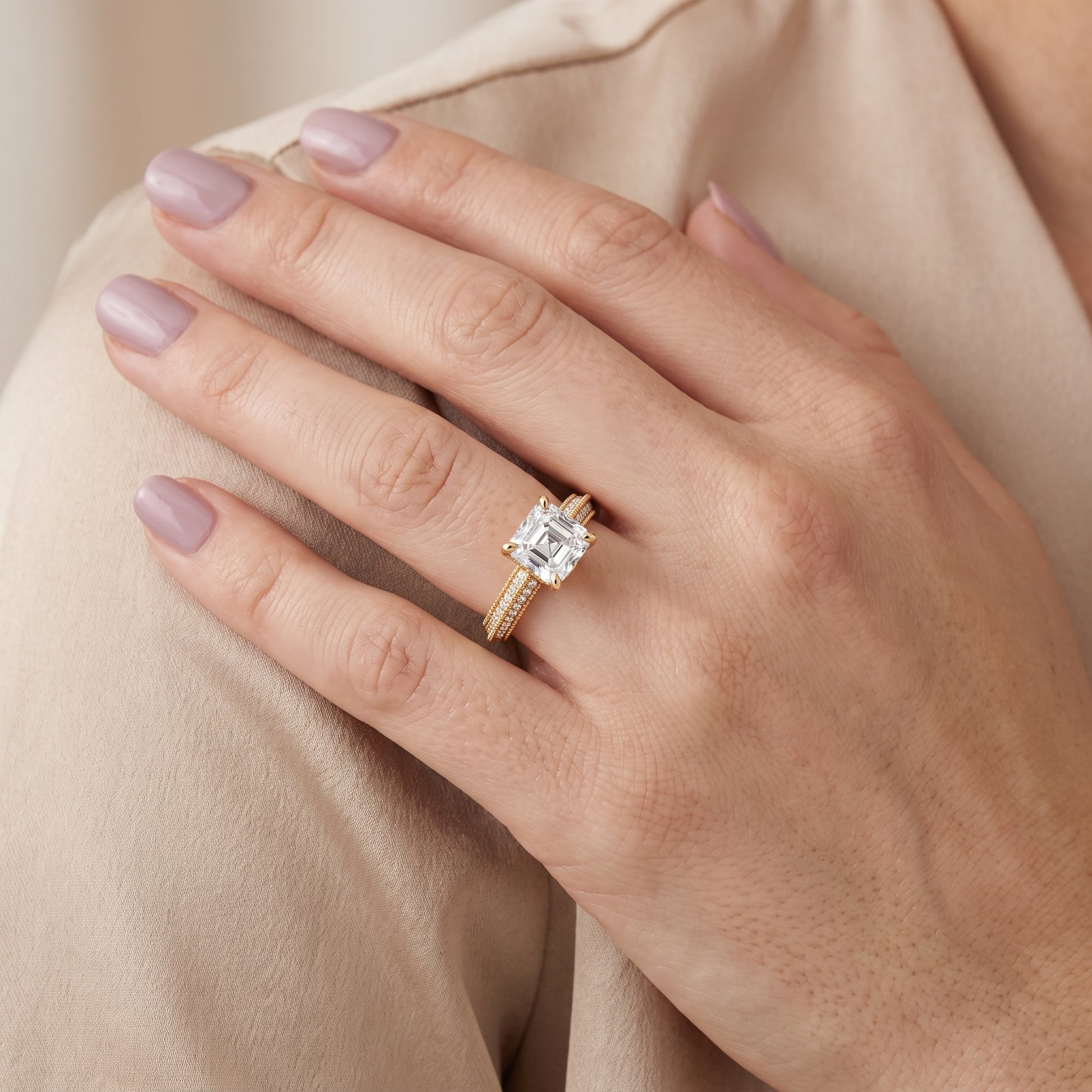 Indie Vintage Milgrain Asscher Diamond Engagement Ring in Yellow Gold - model.jpg