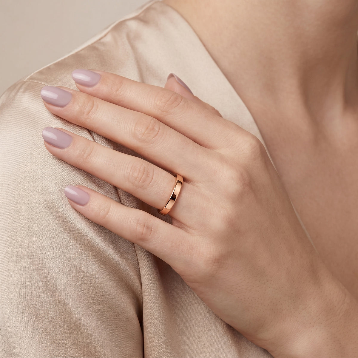 Wren Classic Flat Wedding Band in Rose Gold - model.jpg