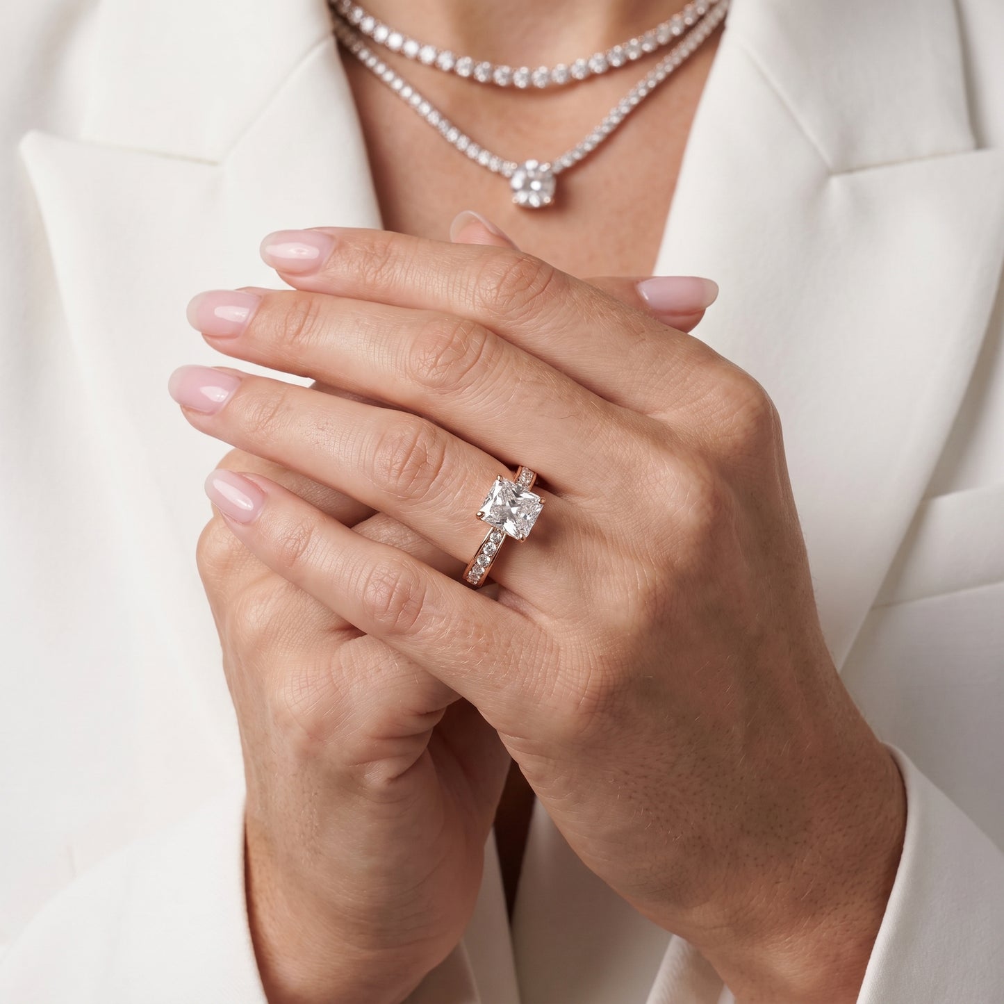 Rhea Sidestone Pavé Radiant Diamond Engagement Ring in Rose Gold - model.jpg