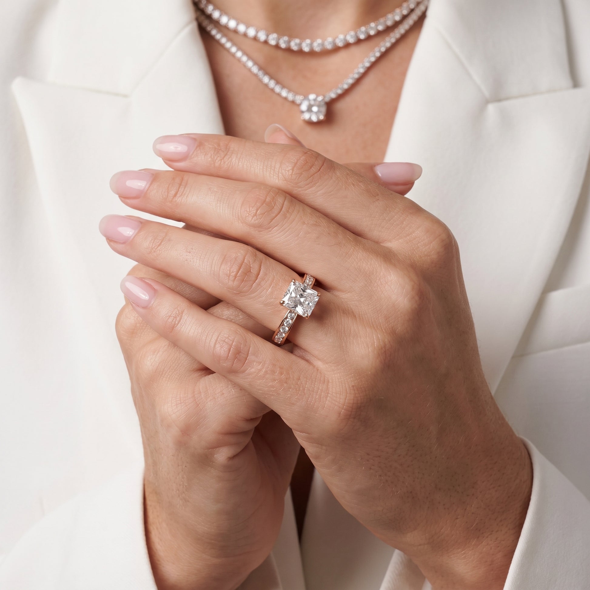 Rhea Sidestone Pavé Radiant Diamond Engagement Ring in Rose Gold - model.jpg