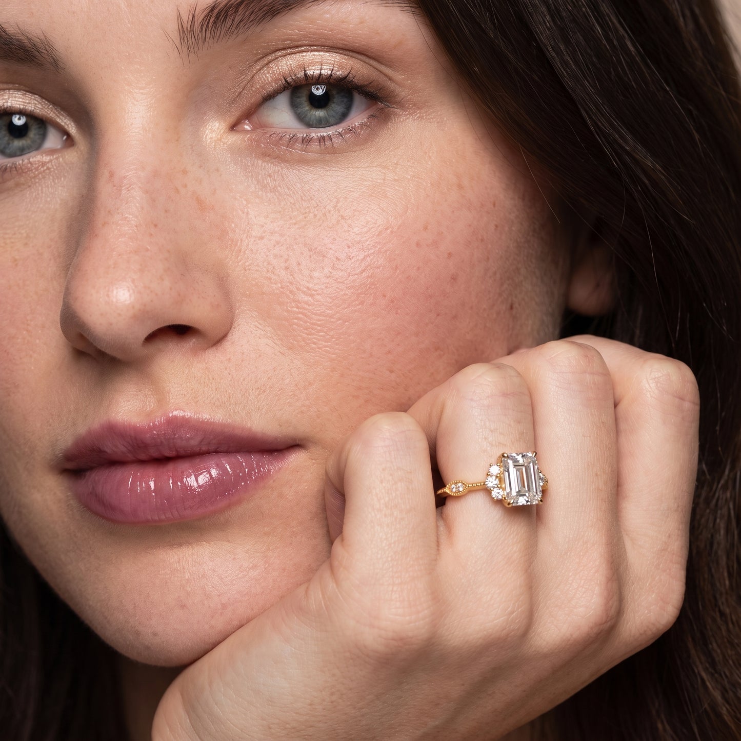 Naomi Vintage Milgrain Emerald Diamond Engagement Ring in Yellow Gold - model.jpg