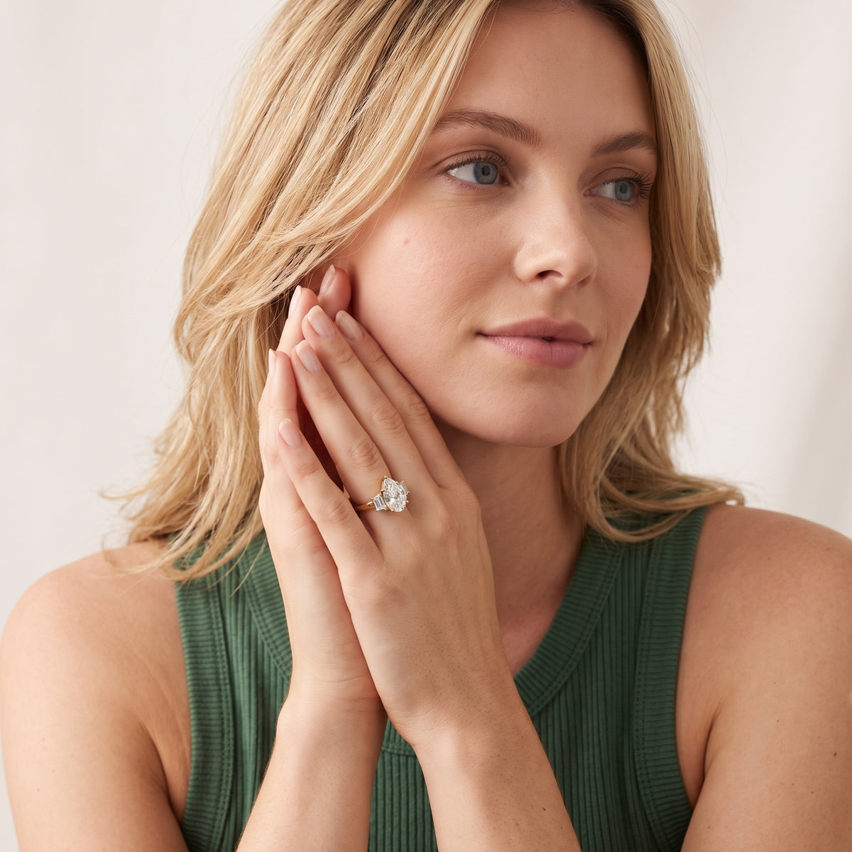 Federica Trapezoid Three-Stone Pear Diamond Engagement Ring in Yellow Gold - model.jpg