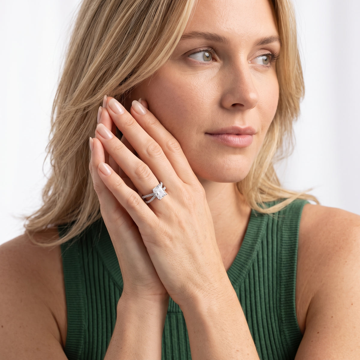 Ilaria Criss Cross Pavé Radiant Diamond Engagement Ring in Platinum - model.jpg