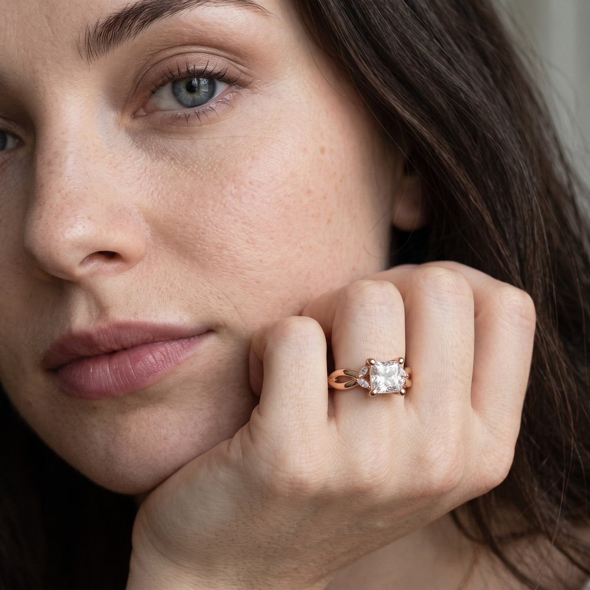 Luna Glow Twisted Princess Diamond Engagement Ring in Rose Gold - model.jpg