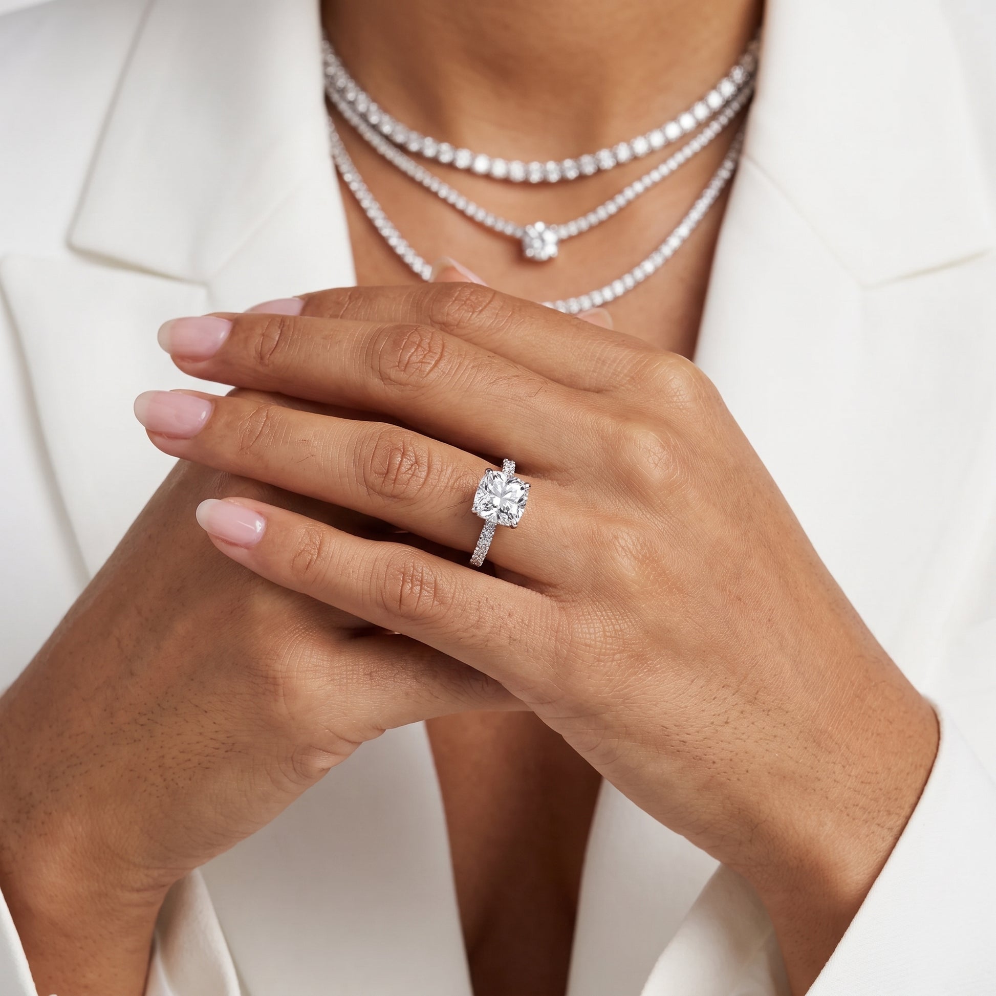 Violet Hidden Halo Pavé Cushion Diamond Ring in Silver - model.jpg