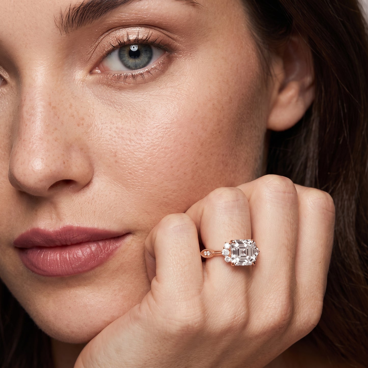 Naomi Vintage Milgrain Asscher Diamond Engagement Ring in Rose Gold - model.jpg