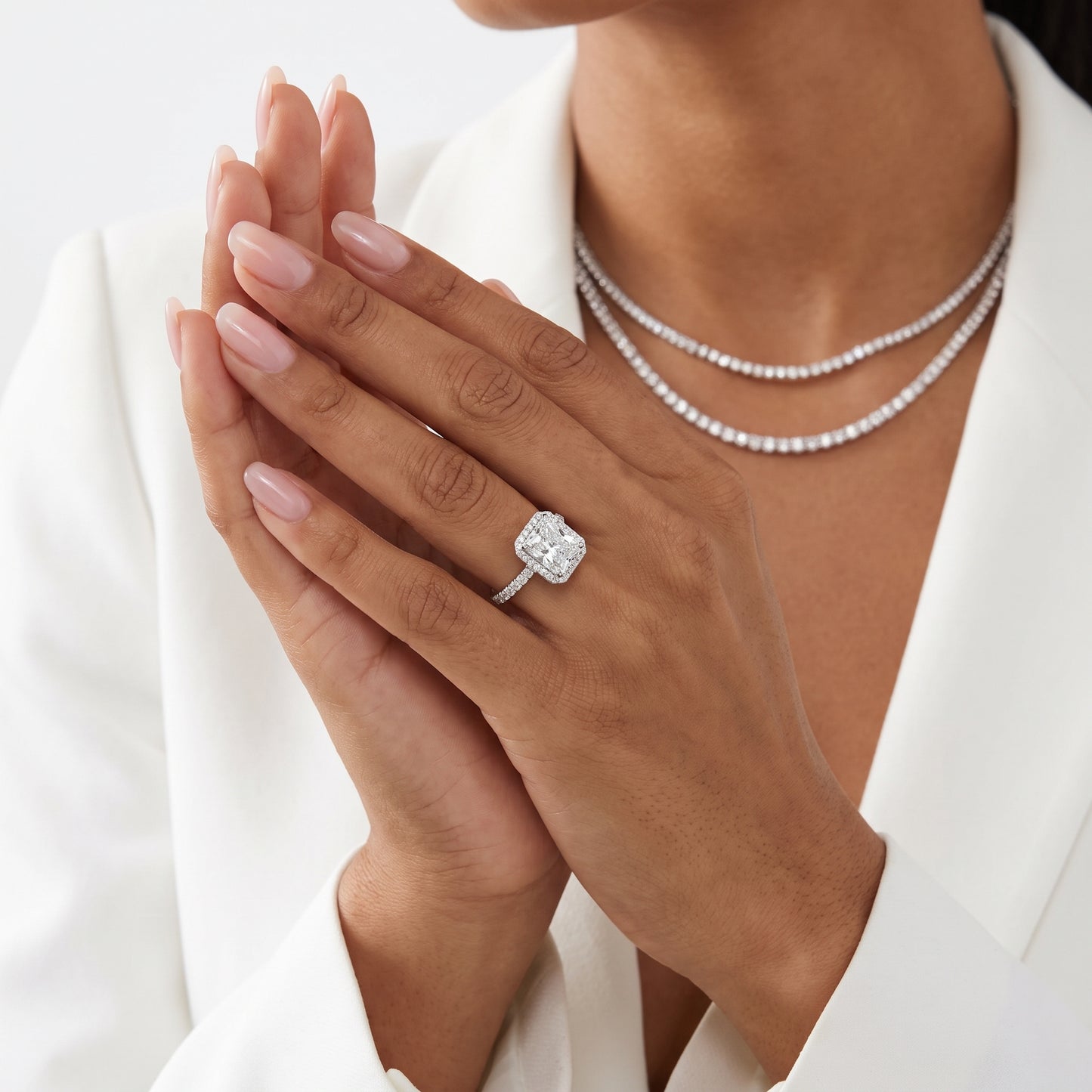 Chloe Halo Pavé Radiant Diamond Ring in Platinum - model.jpg