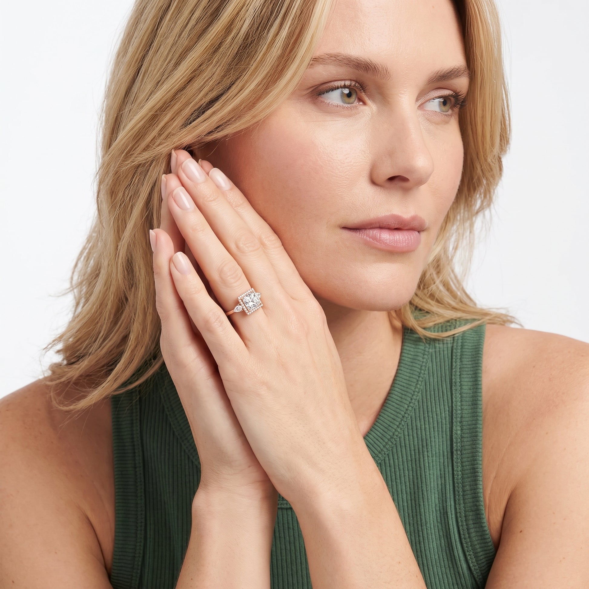 Eliza Halo Sidestone Princess Diamond Engagement Ring in Rose Gold - model.jpg