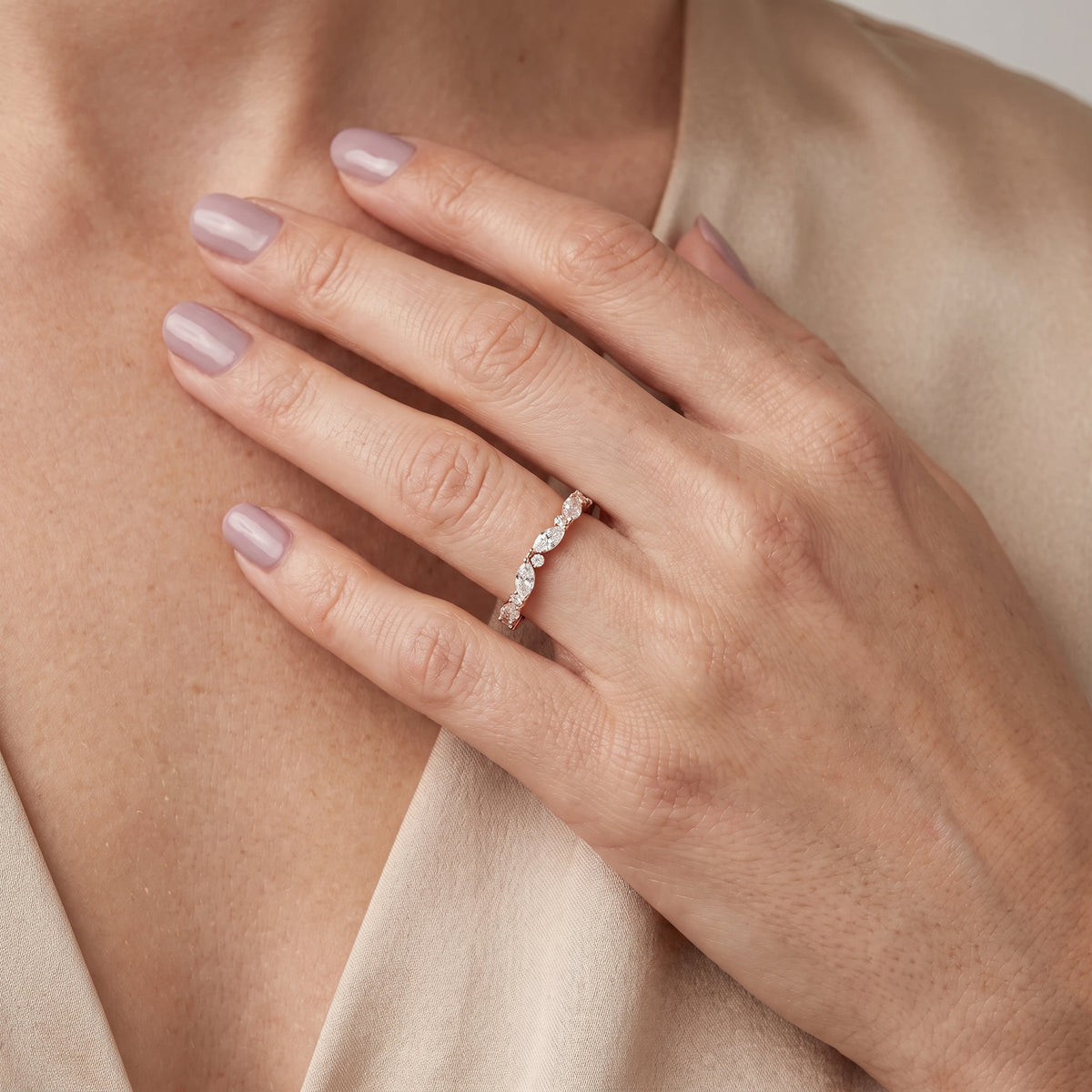 Vivienne Petite Marquise & Round Diamond Wedding Band in Rose Gold - model.jpg