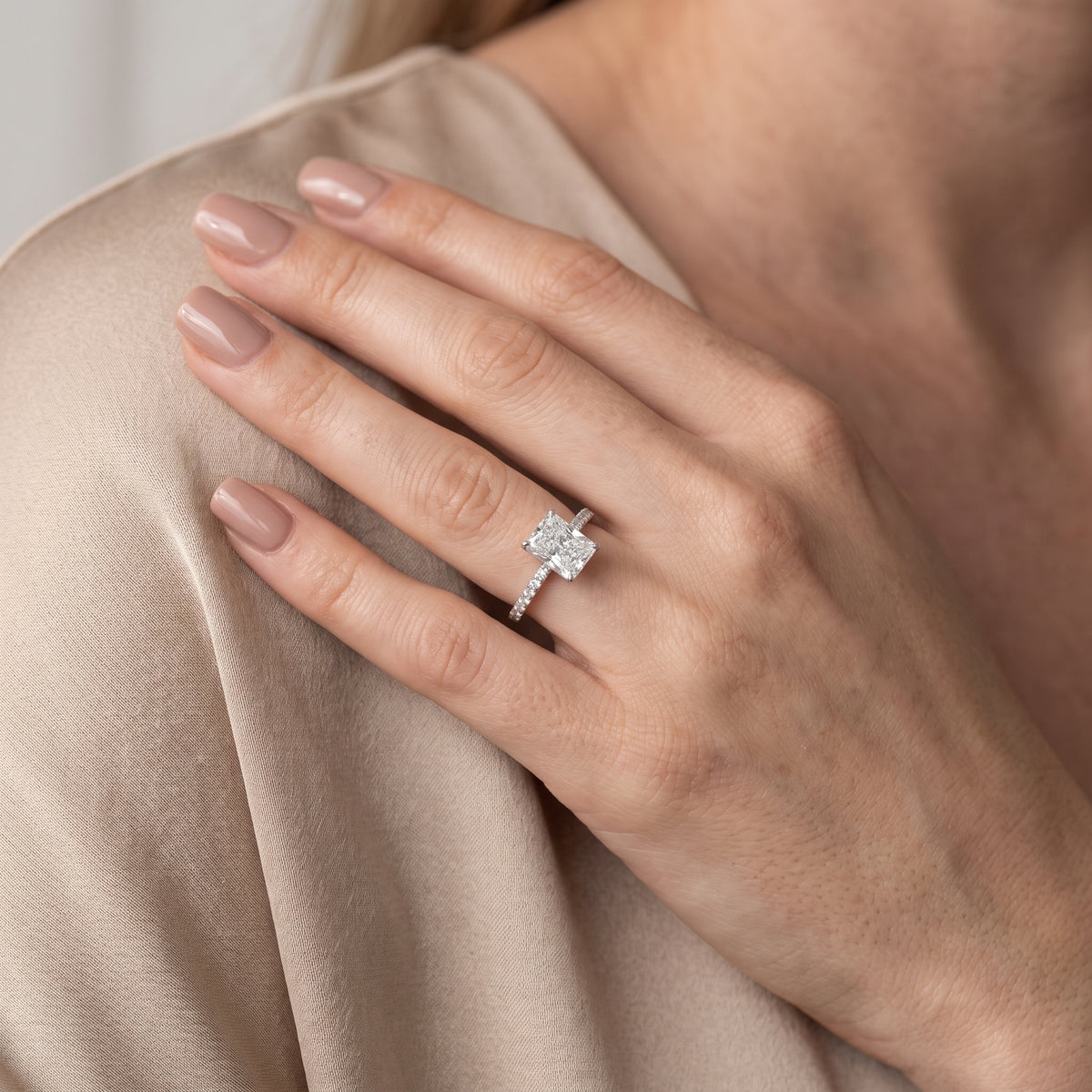 Juna French Pavé Solitaire Radiant Diamond Engagement Ring in White Gold - model.jpg