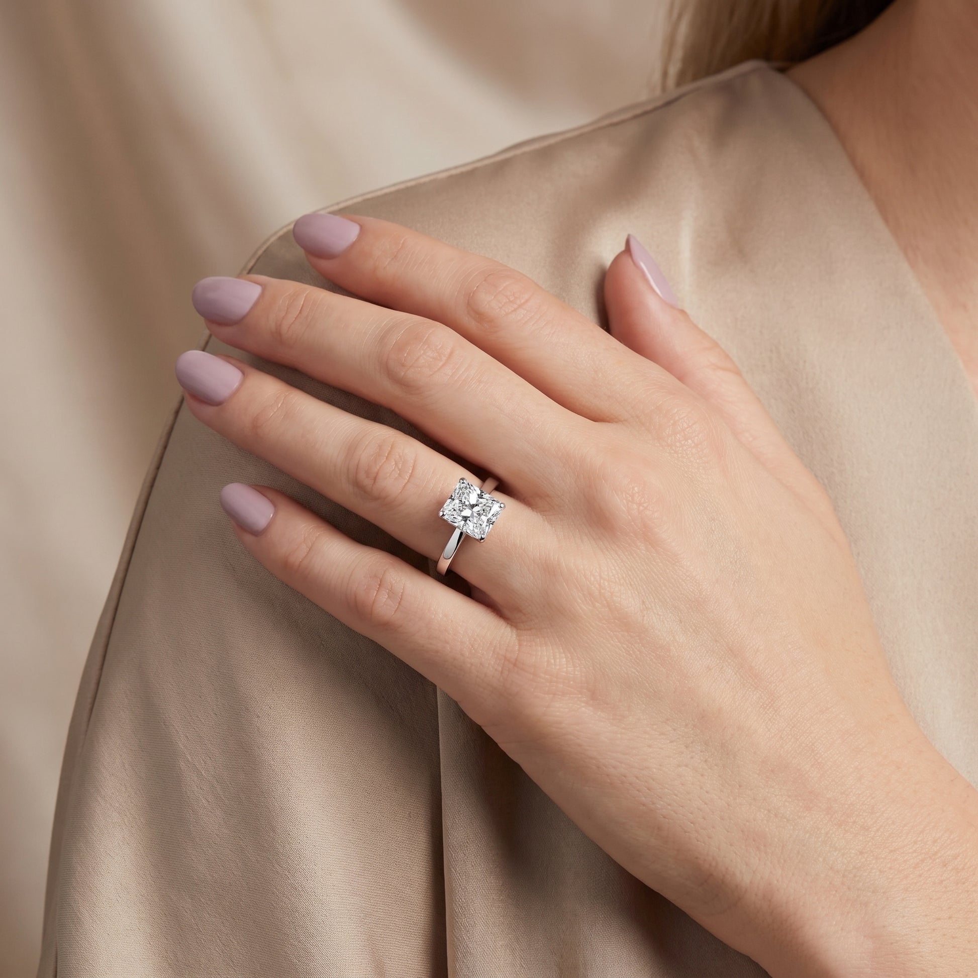 Liana Solitaire Claw Prong Radiant Diamond Engagement Ring in Silver - model.jpg